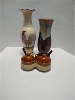 Super cute pottery lot. 2 vases, double condiment