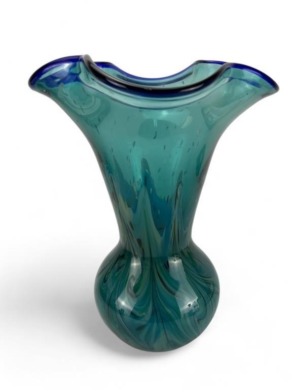 Large blue green art glass ruffled rim vase