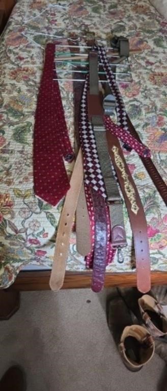 Lot of belts Ostrich snake, others silk ties
