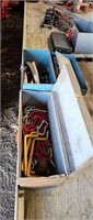 2 metal toolboxes w/hangers, hatchets, taps, dies