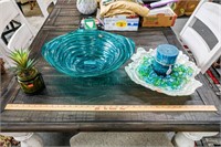 Lg Aqua Glass Bowl, Opalescent Glass Dish w/