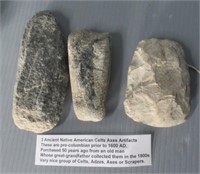 (3) Ancient Native American celts axes artifacts.