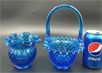 Fenton Cobalt Blue Hobnail Basket & Vase