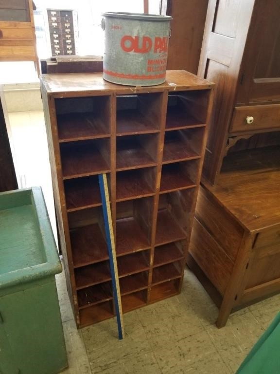 PIGEON HOLE CABINET AND OLD PAL MINOW BUCKET