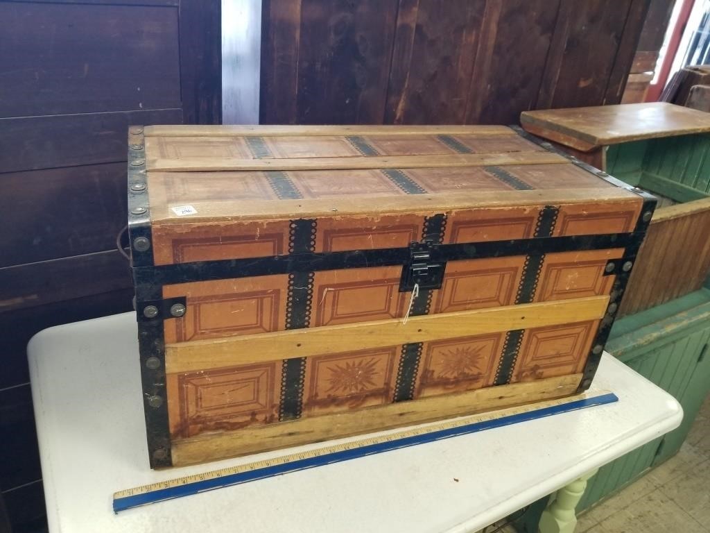 VINTAGE FLAT TOP TRUNK W/ PAPER EXTERIOR