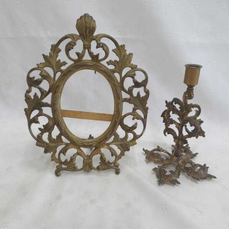 Picture frame & candlestick -metal gold tone