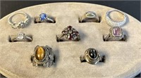 9 Sterling Silver Rings Tray Lot