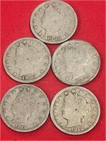 5 V Nickels 1904, 05, 06, 11, 12,