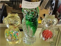 3 MULTI COLORED ART GLASS OWL PAPER WEIGHTS