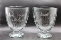 Pair Strombergshyttan Etched Glass Fish Vases