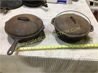 4 pcs unmarked cast iron items, 9” deep skillet