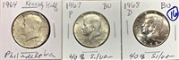3 Kennedy Half-Dollars 1964/1967 P, 1968 D BU
