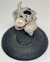 Sterling Pearl/CZ Ring 19 Grams Size 6.5