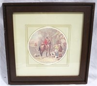 Framed hunt scene print, 14.5 x 14.5