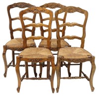 (4) FRENCH PROVINCIAL WALNUT RUSH SEAT SIDE CHAIRS