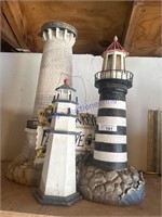 3 LIGHTHOUSES, 15-29"T, WOOD AND CERAMIC,