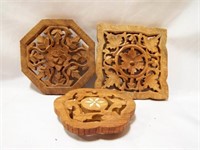 (3) Wooden Hand Carved Trivets Hot Plates Made in