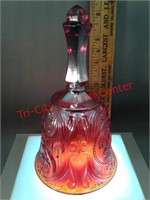 Red glass Bell - bird and scroll pattern - 6"