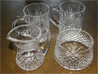 Glass Creamer, mugs & bowl