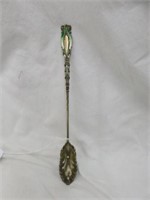 ANTIQUE OLIVE SPOON WITH ENAMELED HANDLE 21 PAT'D