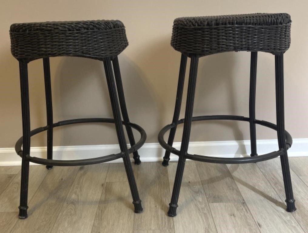 Two Faux Wicker and Metal Stools