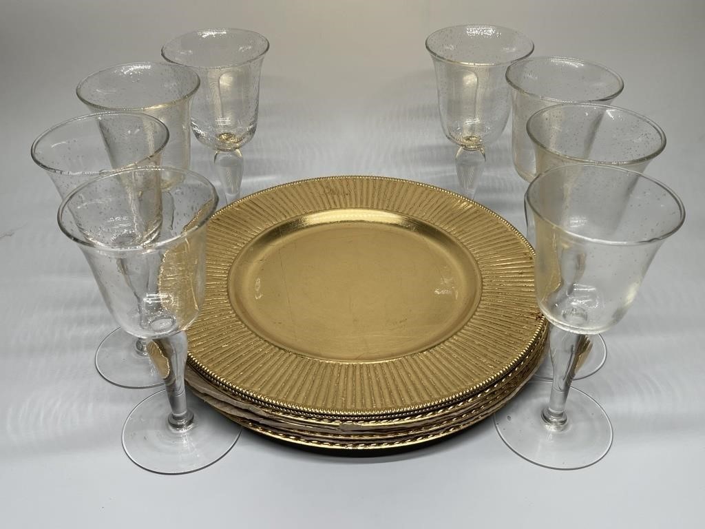 6- Gold Plastic Chargers + 8- Clear Wine Stems