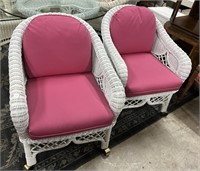 Pair of White Wicker Patio Chairs with Cushions