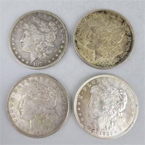 1879-S, 1921 (2) & 1921-D Silver Morgan Dollars.