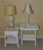 (2) white wicker end tables with glass tops,