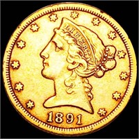 1891-CC $5 Gold Half Eagle NEARLY UNCIRCULATED