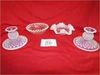 2 HOBNAIL CANDY DISHES, CANDLE HOLDERS