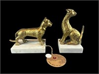 (2) Gold Tone Metal Cat Statues On Marble Bases.
