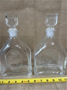 2 glass etched duck/good decanters