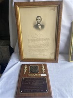 Wooden Plaque & framed letter