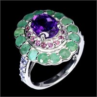 Natural Amethyst Colombian  Emerald Garnet Ring