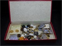 Box of Costume Earrings & VTG Lapel Pins