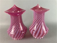 2 Cranberry Swirl Blown Glass Vases 10"