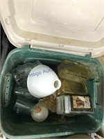 Green tub w/ lid--amber glass, canning jars, misc