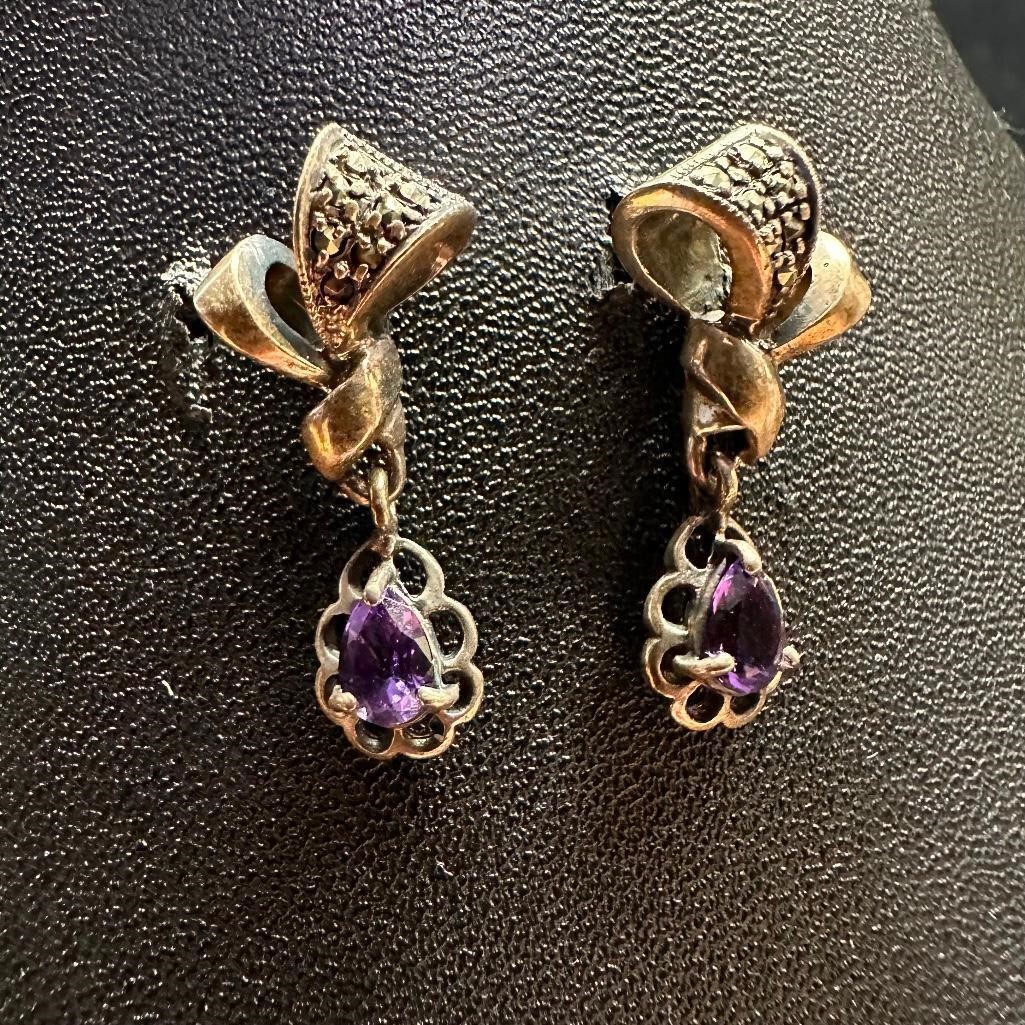 Sterling Silver Amethyst Marcasite Dangle Earrings