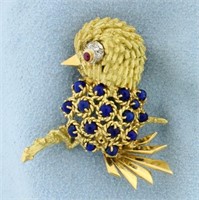 Italian Made Lapis, Ruby, and Diamond Bird Pin in