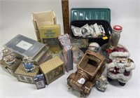 USA pottery car planter, VHS tapes, wood beads,