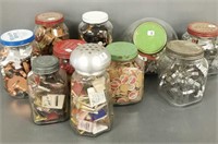 10 glass containers with matches, cookie cutters