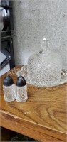 Vintage cut glass covered dish and salt pepper