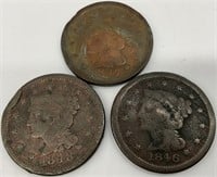 3 US Large Cents 1846, 1847, 1848