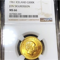 1961 Iceland Gold 500 Kroner NGC - MS66