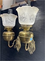 2 BRASS VICTORIAN HANGING OIL LAMPS
