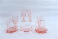 Vintage Pink Octagon Plates, Footed Bowl, Stemware