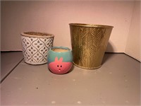 gold metal, bunny & ceramic planter pots