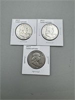 3 1952-D Franklin Silver Half Dollars