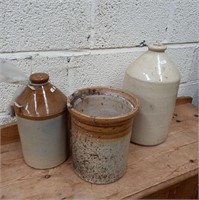 Two Whiskey Crocks and a Stoneware Jar (Tallest
